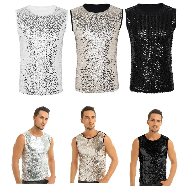 2018 Sexy Mens Summer Sleeveless Crew Neck Slim Fitted Vest Tee T-shirts Clubwear Men's Fashion Shiny Sequin Vest Tops T-shirts