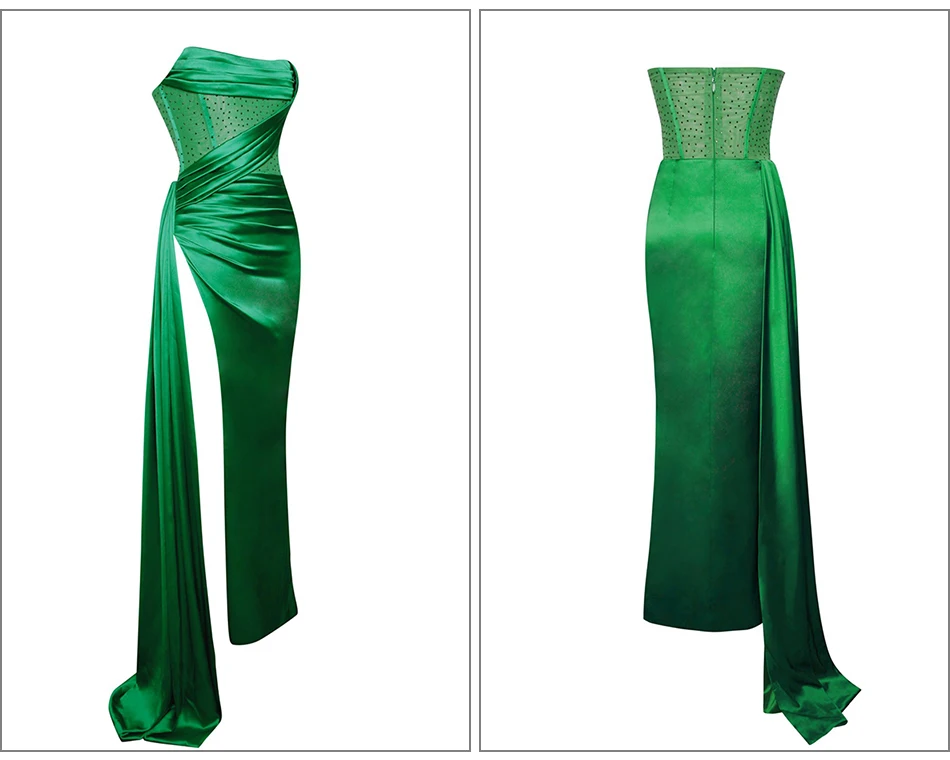 Vestido de noche largo de satén con hombros descubiertos para mujer, traje Sexy con abertura lateral, color verde, elegante, a la moda