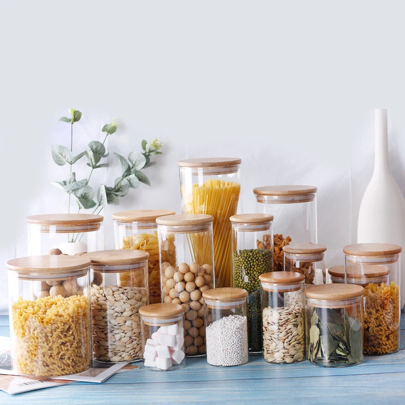 Transparent Food Storage Jars With Bamboo Lid Kitchen Storage Glass Sealed Cans Food Storage Tank Tea Canister