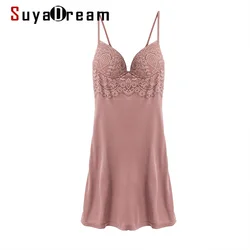 SuyaDream Women Real Silk Lace V Neck Full Slips Anti emptied Padded Bra Comfortable Sleep Dress Black White Underwears