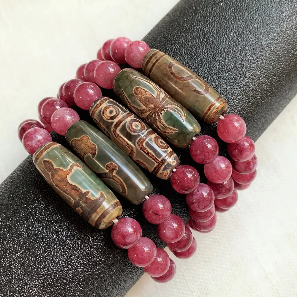 Healing Reiki Stone Natural Tibetan Dzi Agates Bracelet Nine Eyes Guanyin Dzi Charms Purple Jades Crystal Bracelets for Women