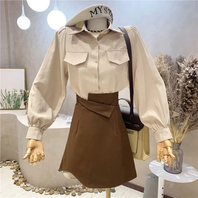 

Women's Shirt Dress Suit 2021 Autumn Retro Solid Color Mid-length Shirt + High Waist Thin Irregular Skirt Two-piece Set