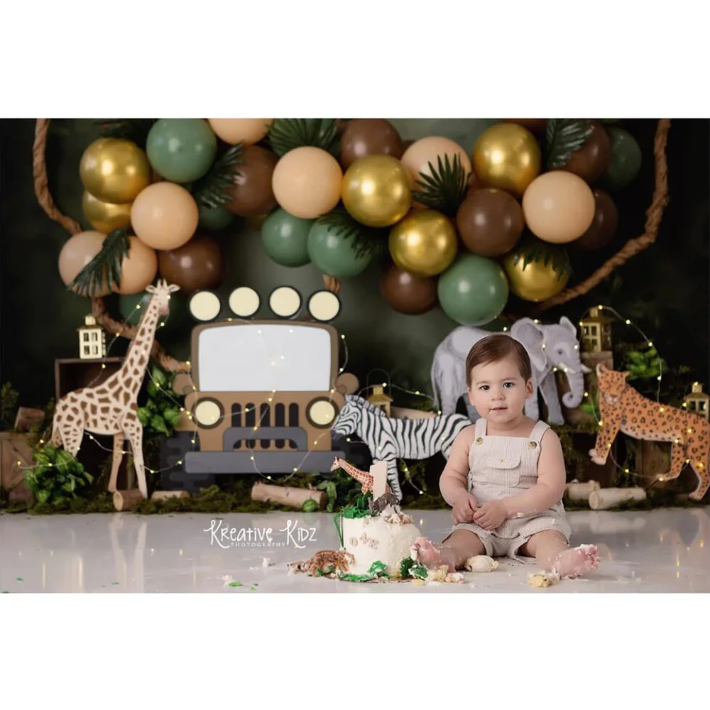 Jungle Newborn Animals Cake Smash Backdrop Green Forest Safari Party Background Woodland Kids Baby Birthday Protrait Photography