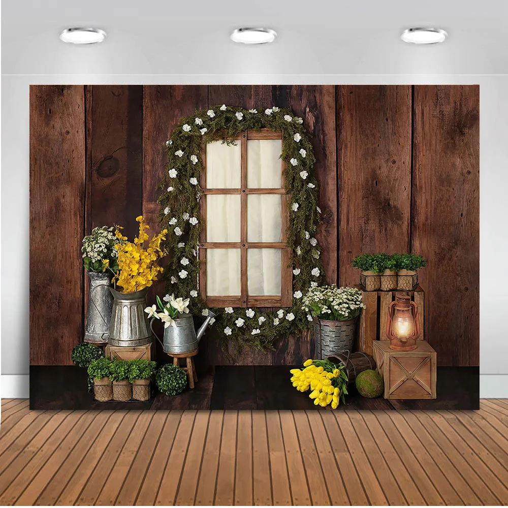 Spring Theme Vintage Wooden Backdrop Photography Fotografia Green Wreath Flowers Newborn Portrait Photo Background Oil Lamp