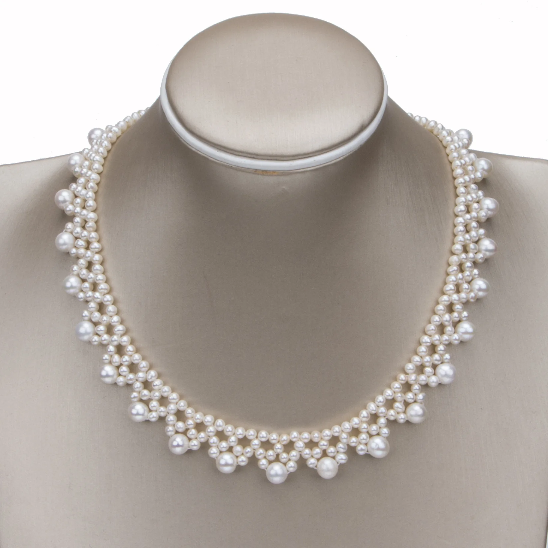 2 Rows Natural Pre-Hand Wave White Round Pearl Necklace Lady Jewelry