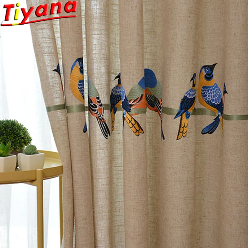 Embroidered Birds Curtains Tulle for Living Room  Linen Fabric Curtains Birds Cloth White Soild Voile Tulle WP432#HS