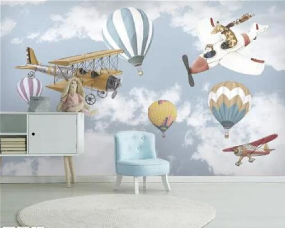 Customized 3d wallpaper hand-painted cartoon airplane balloon children's room indoor background wall decoration 3d wallpaper