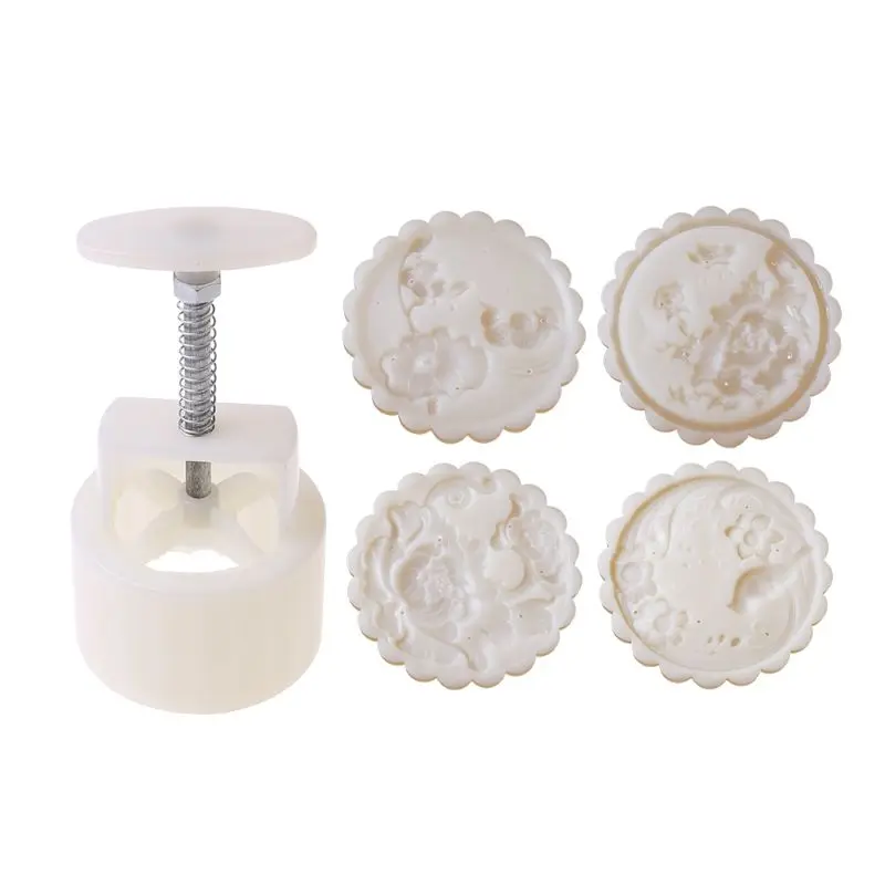 150g Mooncake Mold with 4pcs Flowers Stamps Hand Press Moon Cake Pastry Mould DIY Bakeware Mid-autumn Festival