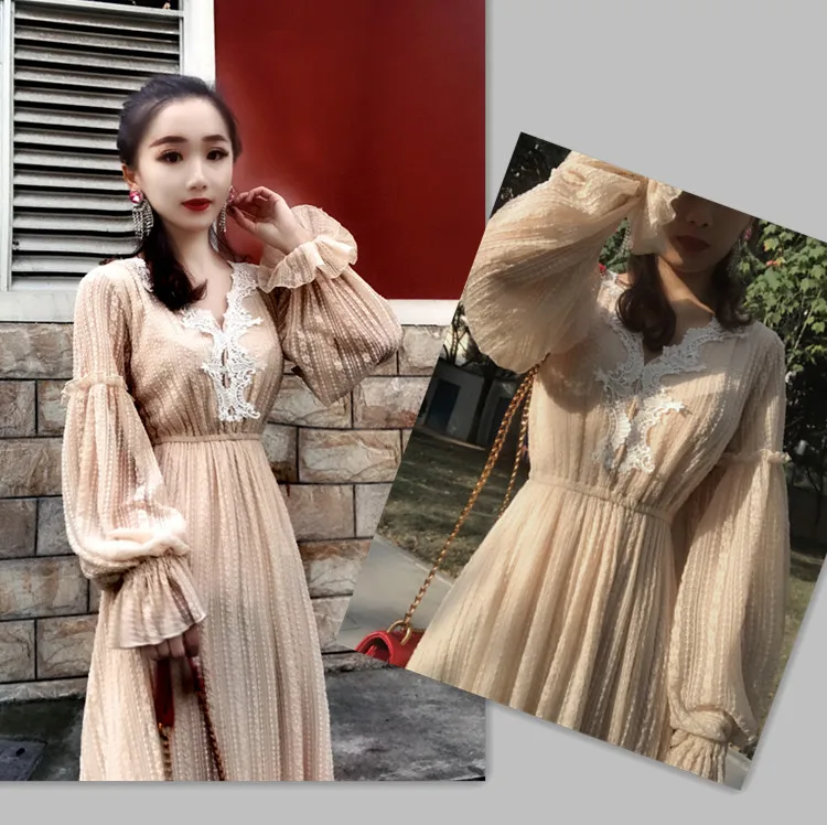 Design Spring Original Women Vintage Elegant Slim Lace Maxi Dresses Sweet Casual Loose Fairy Long Dress Clothes