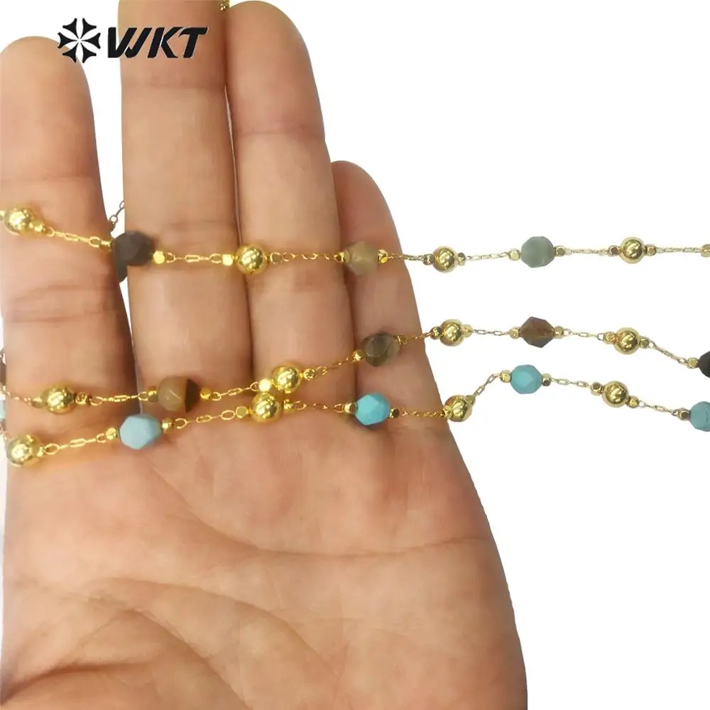 WT-RBC134 WKT Multicolor Optional Natural Stone Beads And Brass Chain Gold Electroplated Rosary Chain For Women Stylish Jewelry