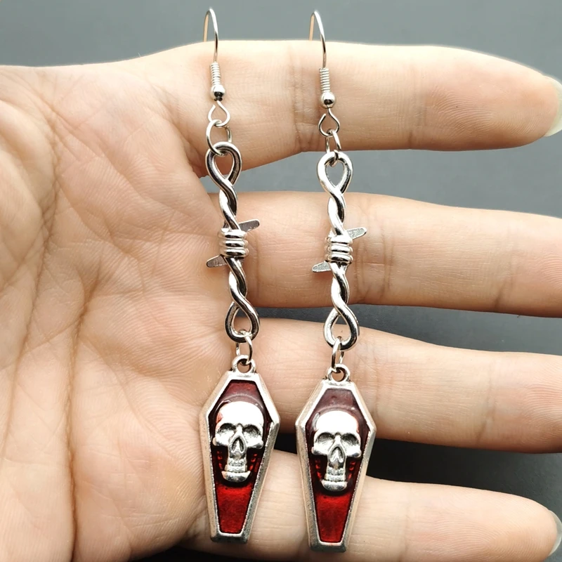 Origional Jewelry Gothic Dark Barbed Wire Mix and Match Coffin Skull Skeleton Bloody Red Drop Oil Ear Pendant Earrings