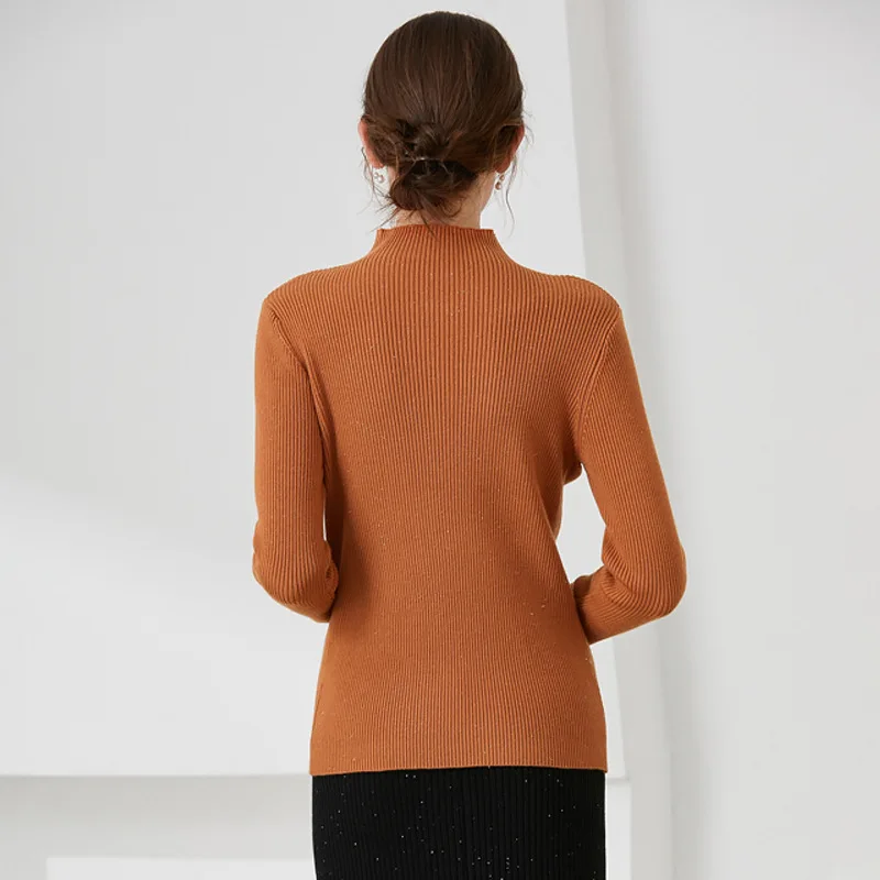 2023 fall and winter new commuter semi-turtleneck slim sweater flash yarn foundation sweater