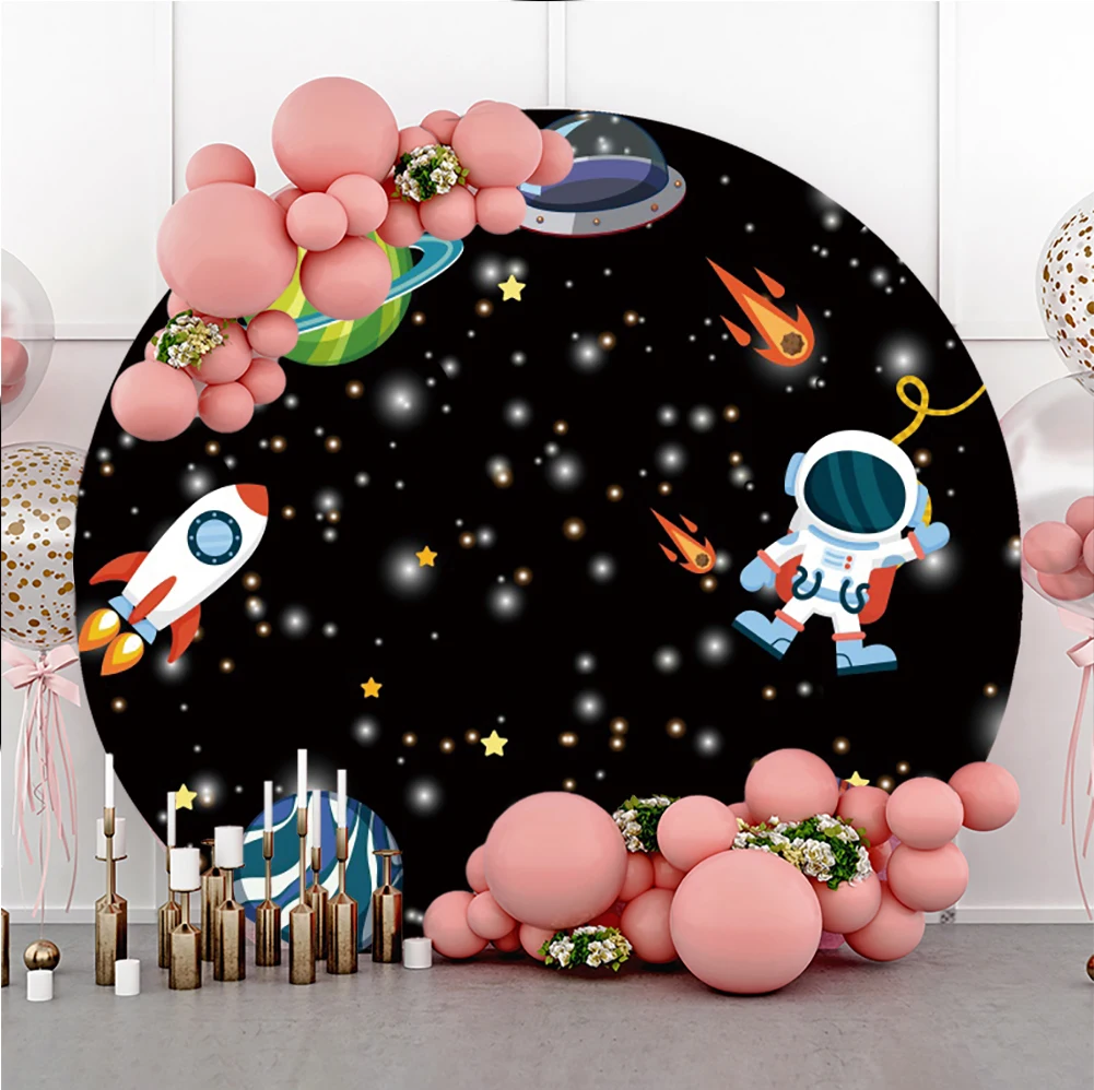 Laeacco Cartoon Astronaut Space Baby Birthday Round Polyester Backdrop Photographic Photo Background For Photo Studio