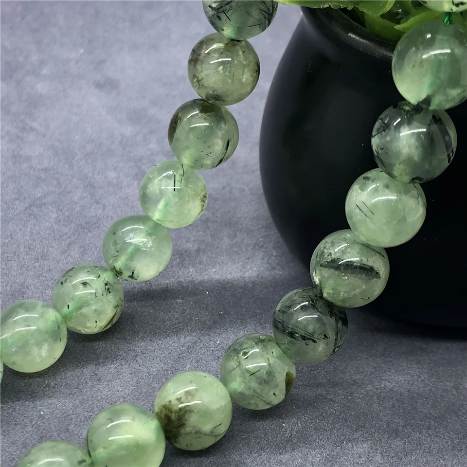 AAA Prehnite Beads 6-12mm Round Natural Loose Green Hair Quartz Stone Bead DIY