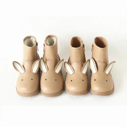 Newest Genuine Leather Children's Short Boots Warm Lambswool Cartoon Bunny Baby Girls Ankle Shoes Cowhide Boys Snow Boots