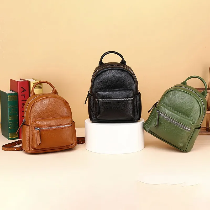 Small Women Leather Backpack Fashion Simple Casual Lady Rucksack Soild Zipper Girl Backpack Genuine Leather Travel Backpack Bag