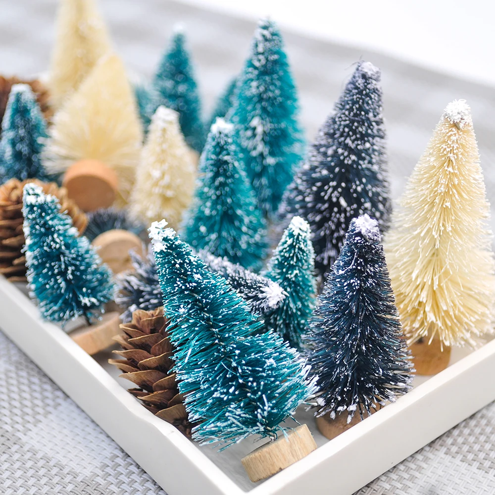 12PCS Mini Christmas Tree Sisal Silk Cedar Decoration Small Christmas Tree Blue Green Small Fake Pine Tree Home Decoration