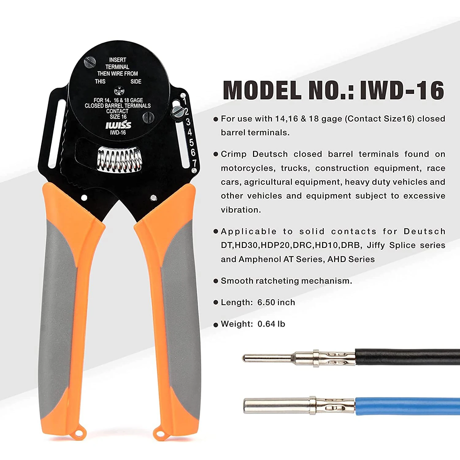 IWISS Solid Barrel Crimping Plier for Size 16 gage 14,16&18 w/30 pairs DT Solid Contacts Mini Hand Ratchet Crimper Tool