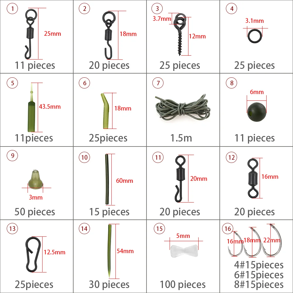 Carp Fishing Tackle Kit Fishing Swivels And Snaps Rubber Anti Tangle Sleeves Hook Stop Beads Helicopter Rigs With Box