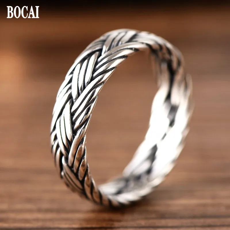 BOCAI  New 100% s925 Sterling Silver Jewelry Retro Small Trendy and Personalized Three-knit Women's Ring