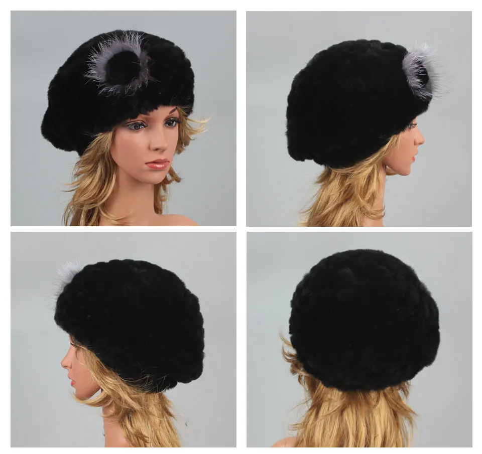 Berets für Frauen Echte Kaninchen Pelz Hut Winter Kausalen Warme Gestrickte Kappe Für Mädchen Weibliche Mode Im Freien Große Damen Volumen Hüte – Detail 11