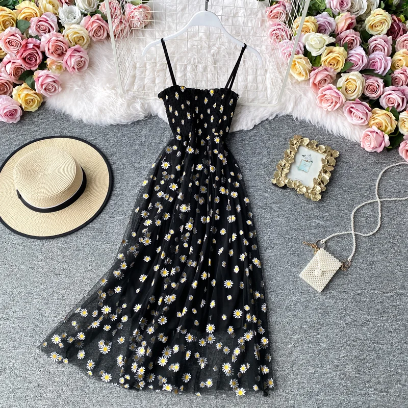 JMPRS Summer Beach Mesh Floral Dress Women Vintage Elegant Sexy Beach Sundress Woman Party Night Korean Kawaii Vestidos