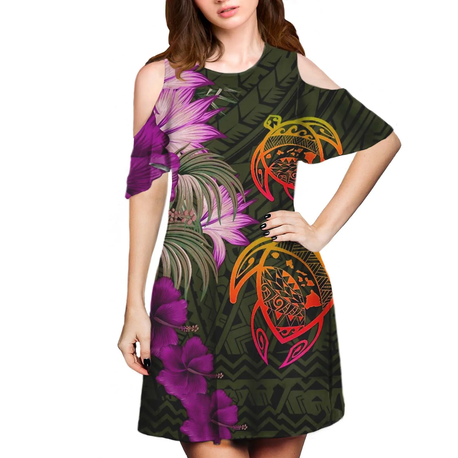 Hycool Hot Sales Island Design Women Casual Midi Dress Summer Lady Elegant Dating Floral Dresses Sexy Leakage Shoulder Clothing