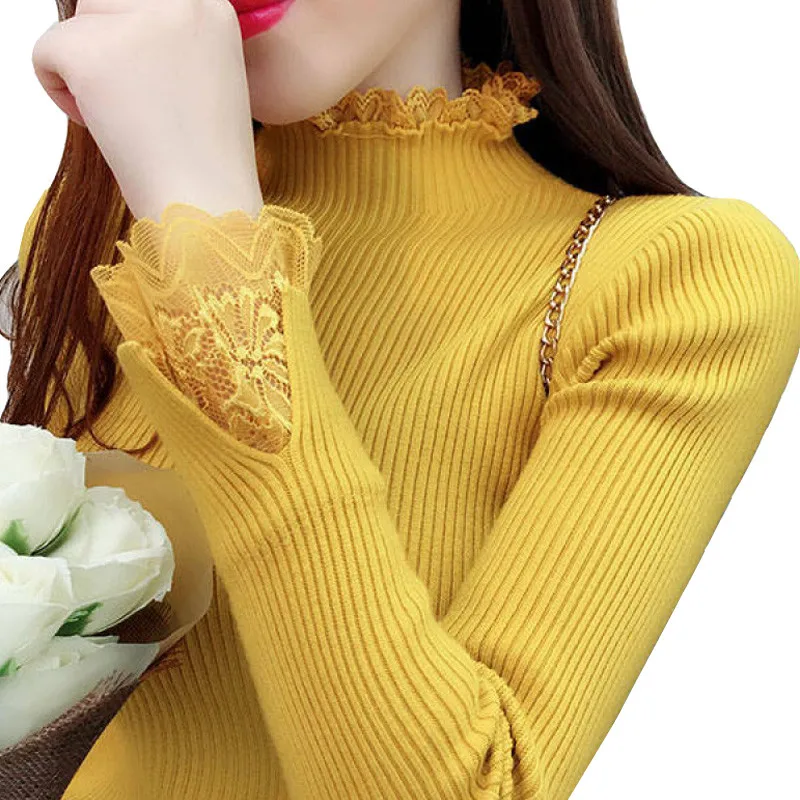 2020 Autumn Winter Women Sweater Lace Turtleneck Sweaters Female Long Sleeve Knitted Pullovers Casual Jumper Femme Pull P315