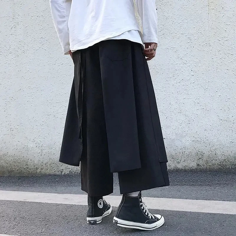 Fake Two-Piece Pants Men Male New Loose Wide-Leg Trousers Casual Straight Streetwear Spring Autumn Hip-Hop Pantalons Capris