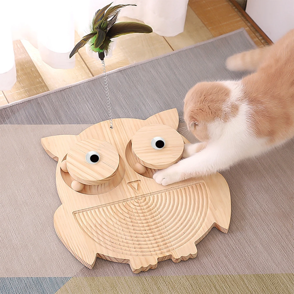 

Wooden Scratching Board For Cats Turntable Cute Cat Teaser Feather Toys Wear-Resisting Kitten Grinding Claws Toy Pet Accessories