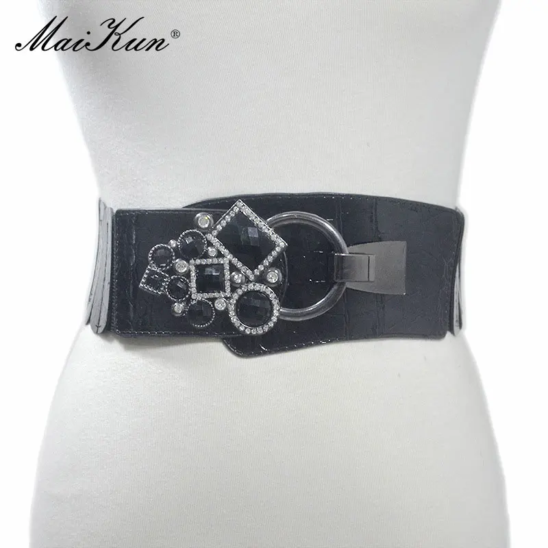 Maikun European And American New Style Punk Faux Leather Elastic Wide Belt With Rhinestone Inlaid Pair Buckle Ladies Wide Girdle