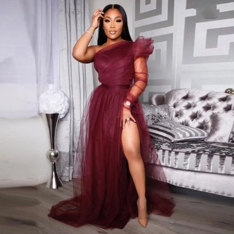 Abiye – Robe De soirée en Tulle bordeaux, asymétrique épaule dénudée, fente haute, tenue De bal