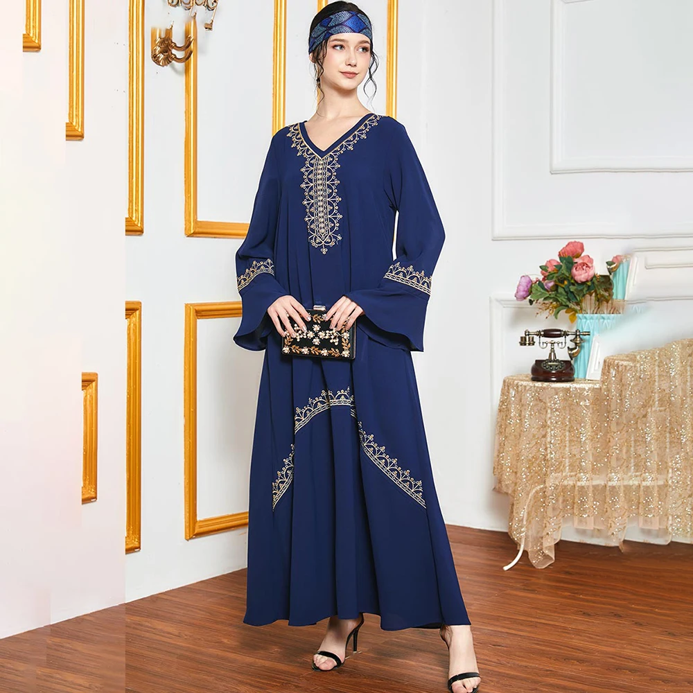 

Muslim dress Embroidery dress new style ladies temperament French ladies blue trumpet long-sleeved dress Abaya Dubai Dresses