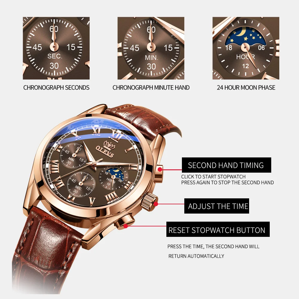 OLEVS Top Brand Luxury Quartz Watch for Men Luminous Moon Phase Watch for Men Waterproof Stop Watch