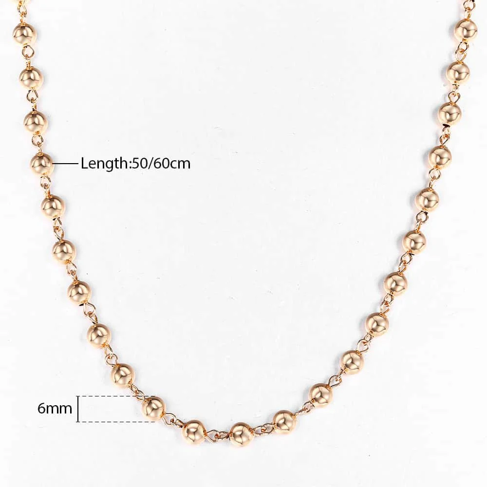 585 Rose Gold Color 6/8/10mm Bead Chain Necklace Bracelet Set for Women Girls Lobster Clasp Wedding Elegant Jewelry Gift CSM02