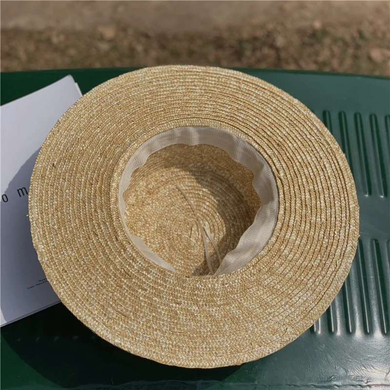 Wide Brim Straw Hat Leather Pearl Decoration Flat Top Summer Hat for Women Fashion Beach Hat Jazz Panama Hat Kentucky Derby Hat