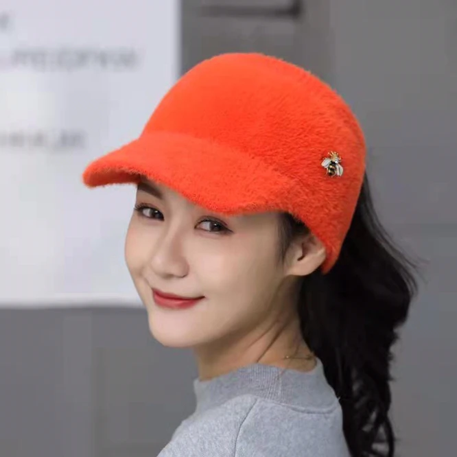 EmptyTop Spring Autumn  Hat sweet Imitation Mink Knitted Outdoor Running Cap Girl College Sunscreen Bee Students Yellow