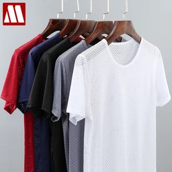 Men's Solid Mesh See Through Fishnet T Shirt Stretchable Tshirt Transparent 2022 Sexy Short Sleeve 4XL O Neck 5 Colors MYDBSH