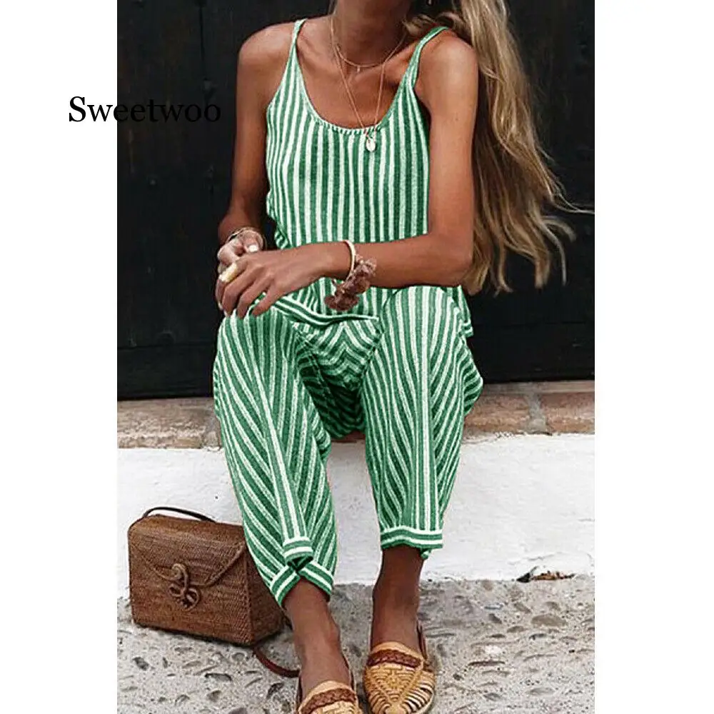 

2020 New Womens Jumpsuit Strap Striped Ladies Summer Clubwear Holiday Beach Wide Leg Holiday Playsui