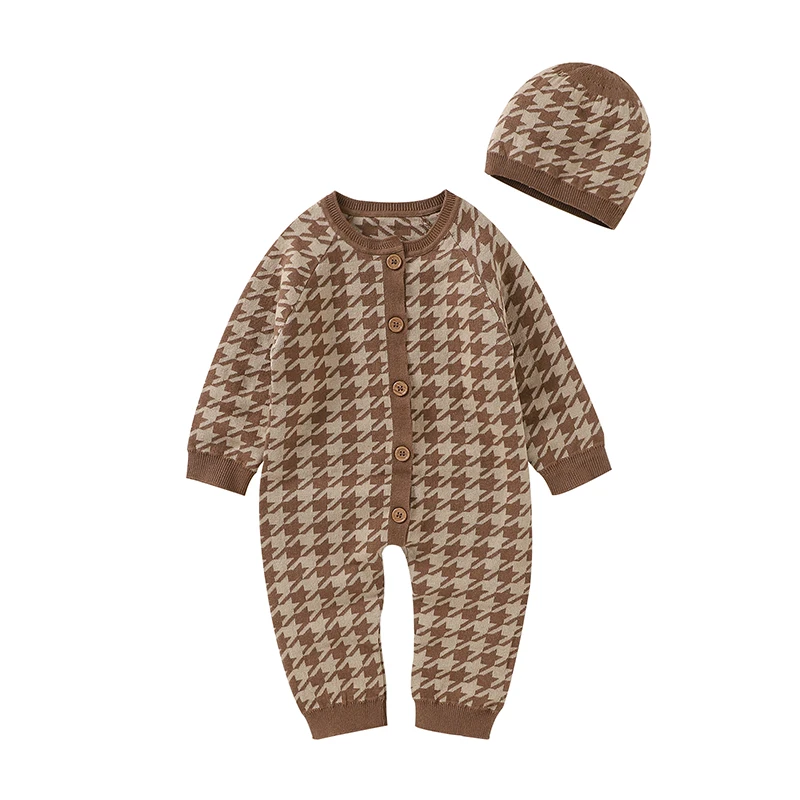 Newborn Baby Romper Cotton Knitted Infant Girls Playsuit Hat 2PCS Toddler Boys Kids Clothing Long Sleeve Autumn  Houndstooth Set