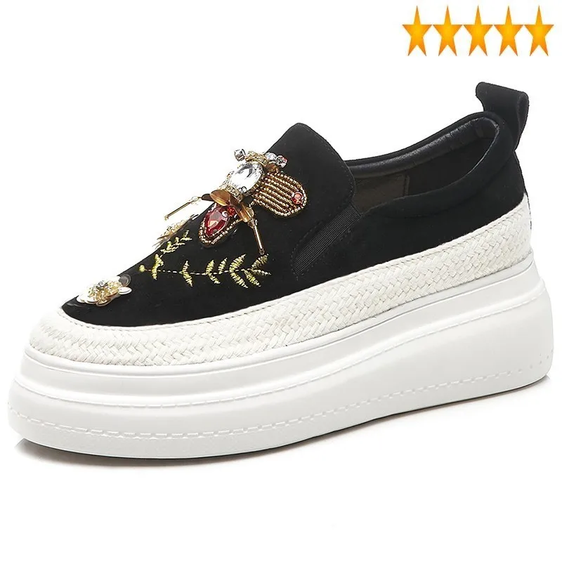 

2021 Women Platform Spring Loafers Embroidered Red Casual Thick Sole Luxury Sequins Slip On Wedges Shoes Woman Sneakers