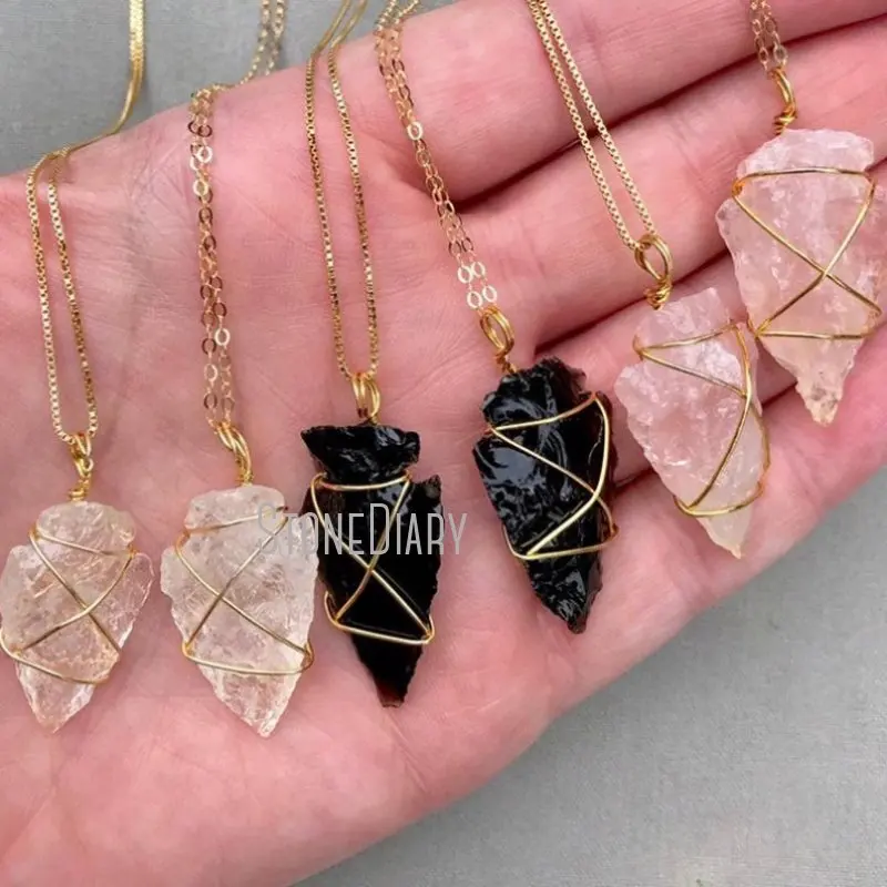 NM36596 Black Obsidian Rose Quartz Clear Crystal Arrowhead Arrow Head Pendant  Wire Wrapped Necklace