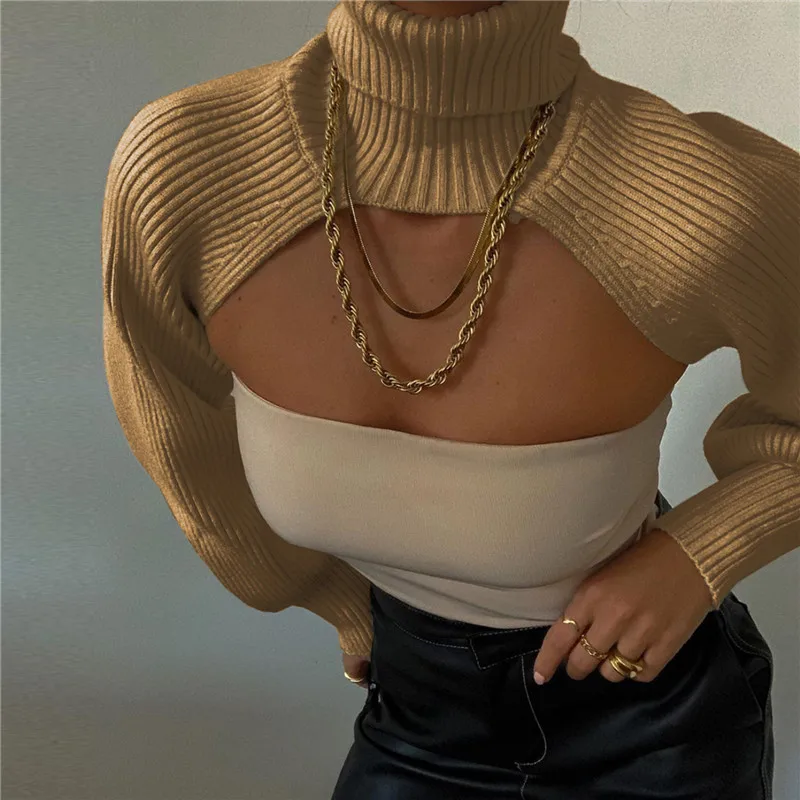 Women Hot Fashion Street Stylish Sweaters Knitwear Tops Slim Stretch Short Pullovers Laddies Solid High Collar Open Back Sweater