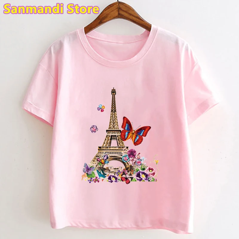 Camiseta com estampa gráfica Torre Eiffel Paris para meninas, camiseta colorida com flores, roupas infantis, tops de verão, camiseta para menina