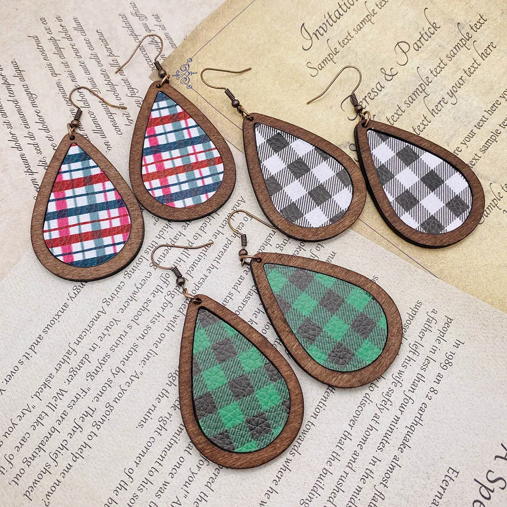 Vintage Waterdrop Cork Leather Earrings For Women Bohemian Fashion Star Plaid Print Female Wooden Jewelry Christmas Gift