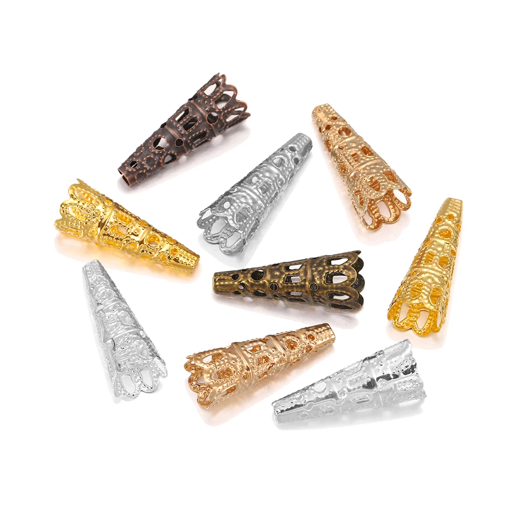 50 unids/lote de tapas de extremo de filigrana de cono de corneta de aleación, colgante de péndulo para collar, espaciador, suministros de joyería DIY