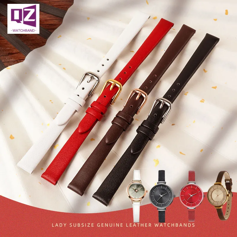 Women's Genuine Leather Watch Bracelet Mini Band 6mm-12mm Red Color Small Strap Fashion Watchband for 14mm Wristwatches