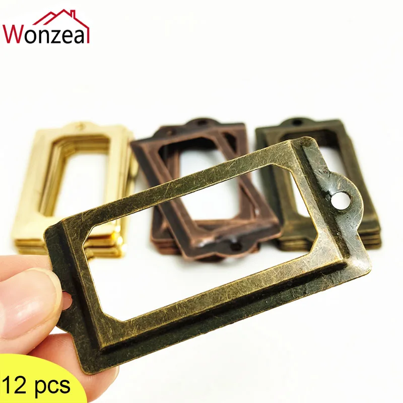 12pcs Name Card Holder Label Frame Antique Brass Bronzed Metal Filing Cabinet Handles Silver Drawer Knobs Furniture Hardware