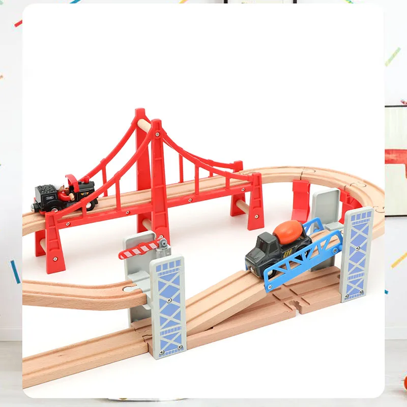 Wooden Train Car Railway Flyover Track Bridge Set Suspension Bridge Crane Tower Train Track Toys For Kids Educational Toys Gifts