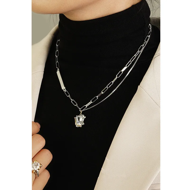 Hip Hop Double Chain Zircon Pendant Necklace For Women Fashion Senior Light Luxury Clavicle Chain Delicate Contracted Jewelry